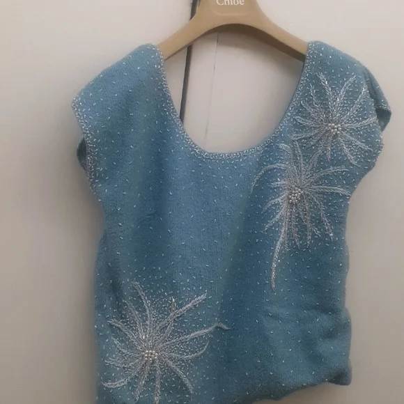 Vintage 1950's/60's BLUE WOOL KNIT Pearl Beaded Sweater Blouse Top - Picture 1 of 10